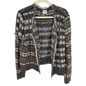 CAbi 4097 Classic Cardigan Large Plaid Fringe Open Front Sweater Brown White
